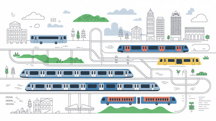 Modern city transportation system with trains and buses moving efficiently