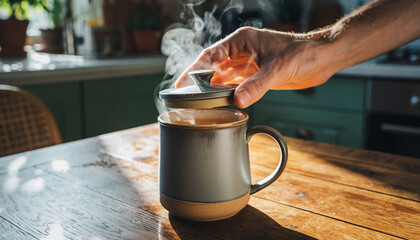 Hand lifting lid off steaming mug of hot beverage on a wooden table, cozy morning ritual