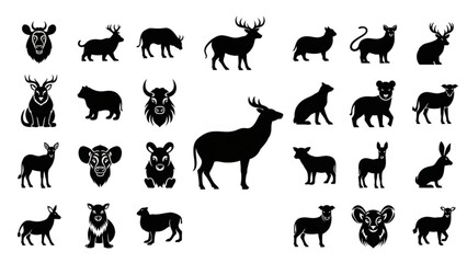 Fototapeta premium Black and white animal silhouettes arranged in clean vector icon rows