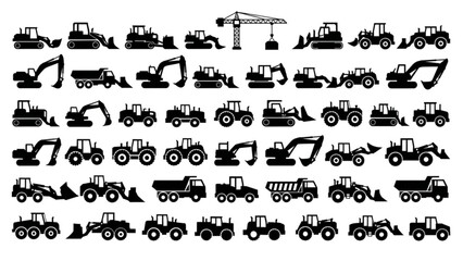 Black and white construction machinery silhouettes aligned in rows flat vector style © Donald