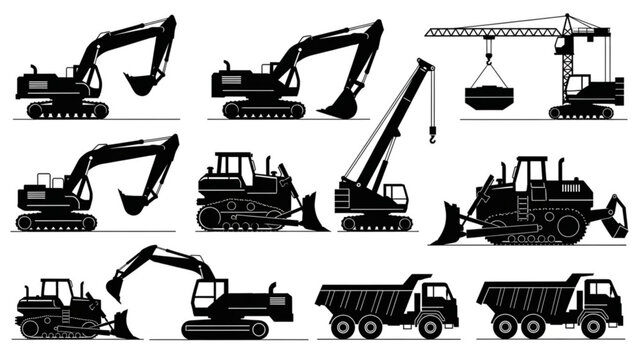 Black and white construction machinery silhouettes aligned in rows flat vector style