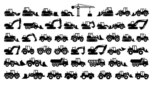Black and white construction machinery silhouettes aligned in rows flat vector style
