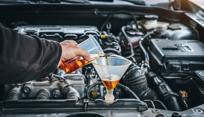 Fototapeta premium Pouring fresh motor oil into a car engine during a routine maintenance check for optimal performance and longevity