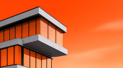 A tall building with a lot of windows and a balcony. The building is orange and white. The sky is orange and the clouds are white