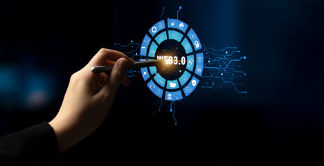 The Web 3.0 technology ecosystem and its digital applications. An interface showcasing the various components of the next generation internet. Motif