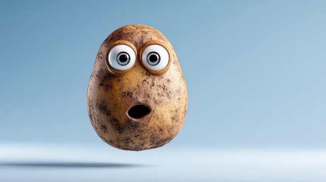 A potato with big eyes and a surprised expression. The potato is floating in the air, looking up at the camera