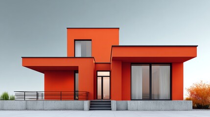 Naklejka premium A red house with a white trim and black windows. The house is situated in a grassy area with a tree in the background. The house has a modern design and he is a single-story home