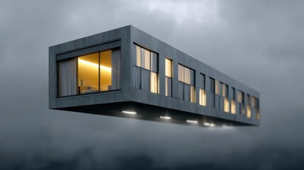 Naklejka premium A large gray building with a window and a balcony. The building is floating in the air. Scene is mysterious and surreal
