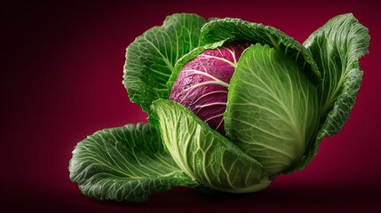 Obraz premium A large cabbage is displayed on a red background. The cabbage is the main focus of the image, and it is fresh and vibrant. The red background adds a pop of color and contrast to the image