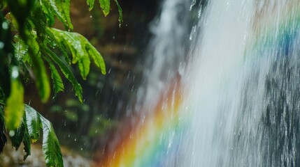 Naklejka premium Waterfall flows over rocks, surrounded by vibrant green leaves, with a rainbow visible in the mist, creating a peaceful and refreshing natural scene