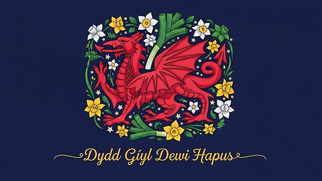 A Welsh flag with a red dragon surrounded by flowers against a blue background, with Dydd Gŵyl Dewi Hapus written in elegant script