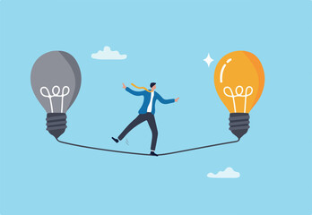 Change or leadership transition, progress to new idea, business direction or discover opportunity, solution to solve problem, challenge concept, businessman walk from old to bright lightbulb idea.