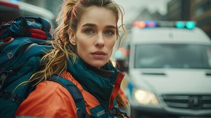 A person stands on a city street wearing a uniform and carrying a backpack. An ambulance is present in the background with its lights on. The scene captures a busy moment