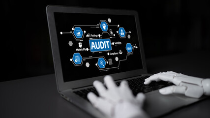 A robotic hand interacts with a laptop screen showcasing a digital audit concept, emphasizing compliance checks and data findings in a modern tech environment. Tessel