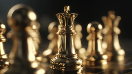 A golden chess piece is the center of attention in a group of other chess pieces. Concept of importance and power, as the king is the most significant piece in the game