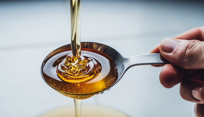 Viscous golden liquid being poured into a spoon with ripples and waves forming on its surface