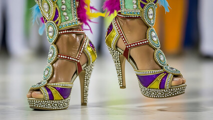 Womans feet wearing vibrant high heel shoes isolated on white background