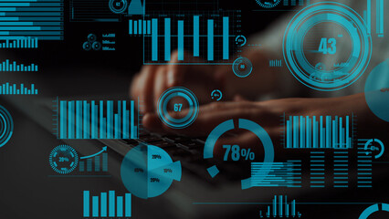 Close-up view of hands typing on a keyboard surrounded by digital analytics and graphs, representing modern data visualization and performance analysis in tech. Xenic