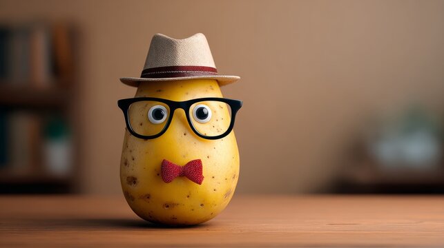 A potato with glasses and a bow tie is sitting on a table. The potato is wearing a hat and has a pair of glasses on its face. The image is playful and whimsical