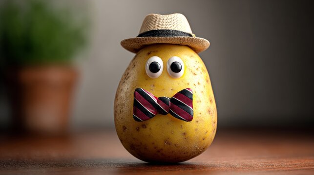 A potato with a bow tie and a hat on its head. The potato is wearing a bow tie and a hat, and it has eyes. The image is playful and whimsical, with a sense of humor and lightheartedness