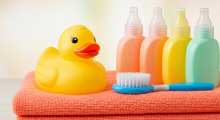 Close-up of yellow rubber duck, colorful bottles and blue toothbrush on coral towel, representing bath time, hygiene and childhood cleanliness