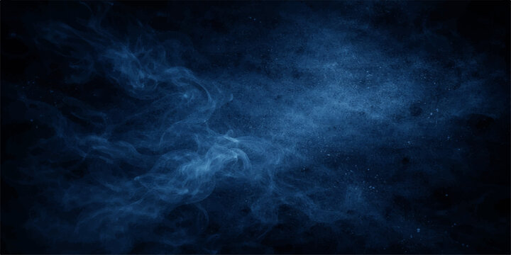 Dark blue smoke and abstract motion clouds create a dark textured background of lightning storms and night sky over the sea