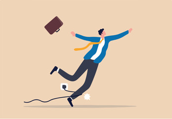 Failure or mistake, accident or surprise problem that impact business concept, clumsy businessman stumble with power cable electric plug falling on the floor.