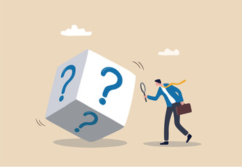 Random or chance to win, gamble, risk management or analyze opportunity, prediction or forecast future, unknown or uncertain concept, businessman with magnifying glass analyze dice with question mark.