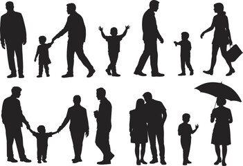 PrinSet of Diverse Family Silhouette People Including Parents and Children Walking Together for Community Lifestyle Social Connection Urban Parenting and Childhood Development Illustration