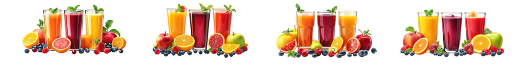 Fototapeta premium Assorted colorful fruit juices and fresh fruits arrangement perfect for design usage on transparent background