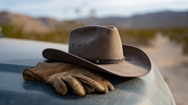 Cowboy hat and leather gloves on truck hood in desert landscape, rugged western ranch gear with dusty road and travel mood