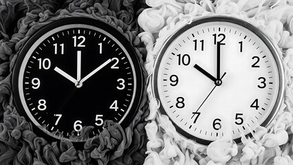Time dichotomy: black and white clocks symbolizing duality and contrast in a striking visual representation