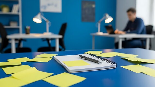 Modern office workspace with notebook and sticky notes on blue table - Powered by Adobe