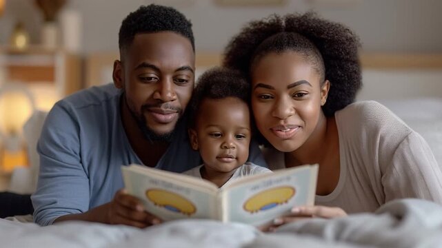 A family sits together on a bed, happily reading a storybook. The child smiles while the parents engage with the book, creating a joyful atmosphere in their home
