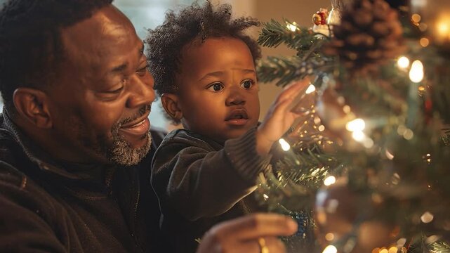 A man smiles as he teaches a young child to place decorations on a Christmas tree. They are indoors during the holiday season. The tree is lit with bright lights