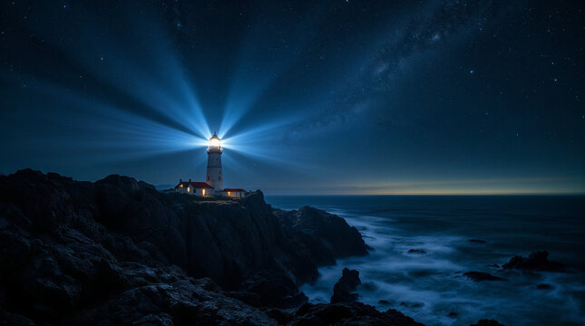 isolated lighthouse piercing night with rotating beam under star-filled sky