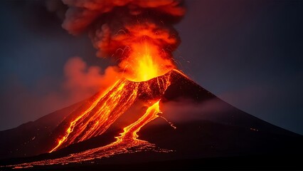 Volcanic eruption at night with flowing lava and smoke in the dark sky