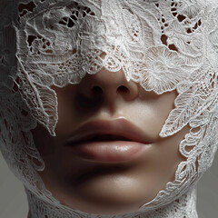 Сlose-up portrait of a woman in an intricate white lace mask, ethereal fantasy style