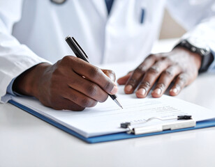 Fototapeta premium Closeup of a professional doctor writing on a medical clipboard. Symbolizing healthcare expertise and patient care, this image is perfect for medical brochures, websites, and insurance ads.