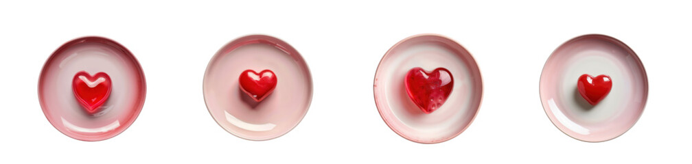 Four pink dishes with red hearts showing decreasing fullness a visual progression on transparent background
