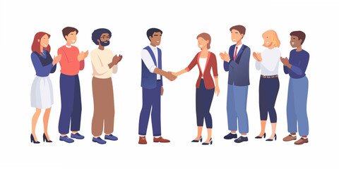 Fototapeta premium a diverse group of people standing in a line and clapping for two people shaking hands
