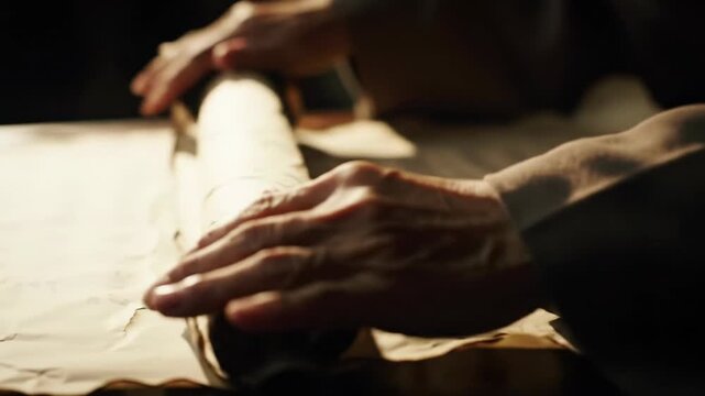 Diverse hands in earth-toned attire gently unroll a weathered sepia scroll or turn thick pages of a vintage leather book, macro video, golden hour light, contemplative pursuit of timeless knowledge