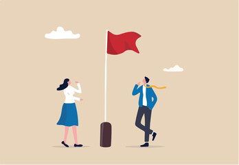 Red flag warning to be careful for business or economic disaster, advice, notice or caution, attention or alert for threat concept, thoughtful businessman and businesswoman look at red flag warning.
