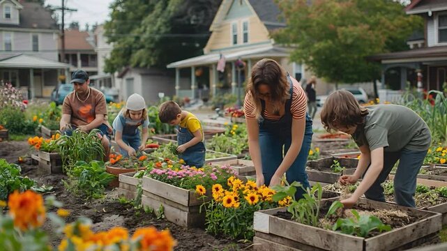 A family spends their afternoon planting flowers and vegetables in raised garden beds. They smile and enjoy working together in a community garden filled with bright colors and greenery
