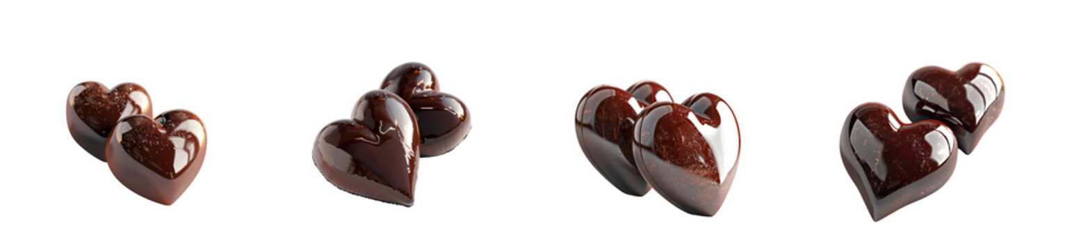 Four glossy chocolate hearts in varying arrangements floating on transparent background high quality