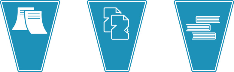 A trash can and wastebasket with office documents and crumpled paper, a household trash can with books and files. A computer trash can