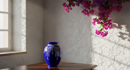 A blue vase with ornamental design is on a wooden table near a window, with magenta flowers near the wall, conveying elegance and domestic interior