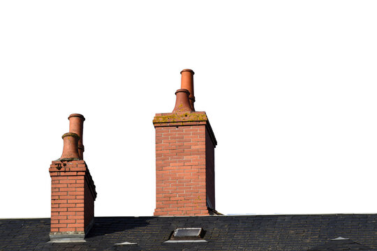 A roof with old brick chimneys isolated on the transparent background