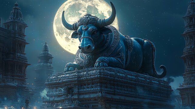 Sacred nandi vahana standing proudly beneath cosmic moon high resolution picture