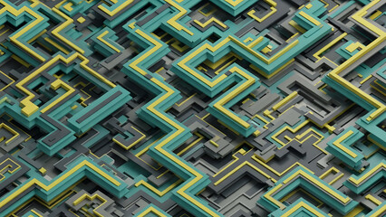 Complex futuristic labyrinth design resembling a circuit board, rendered in vibrant colors